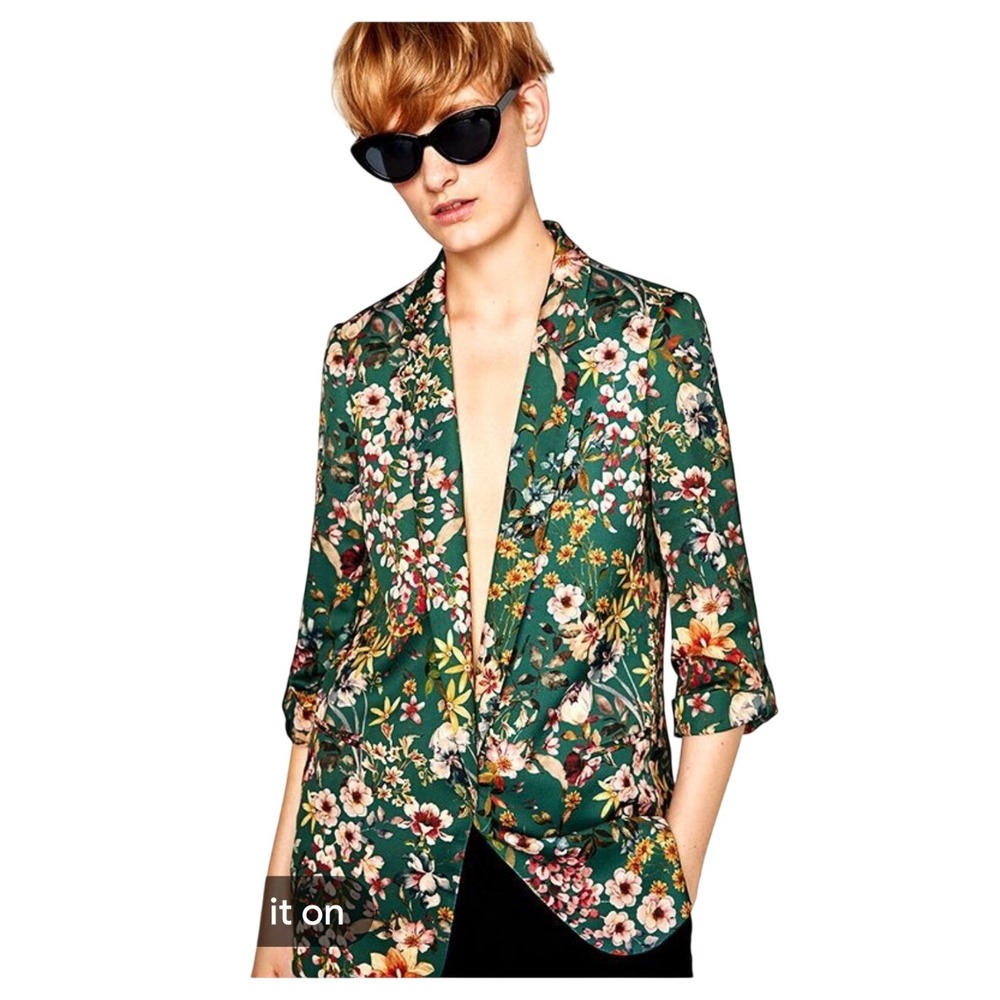 Zara Green Floral Blazer Jacket XL Ruched Sleeves Artsy Chic Feminine Work Wear